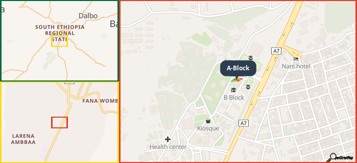 Map showing the address of A-Block in three different zoom levels.