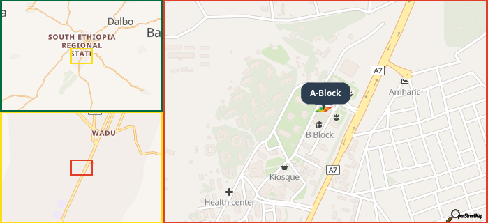 Map showing the address of A-Block in three different zoom levels.