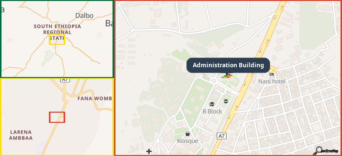 Map showing the address of Administration Building in three different zoom levels.