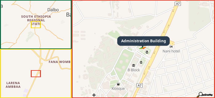 Map showing the address of Administration Building in three different zoom levels.