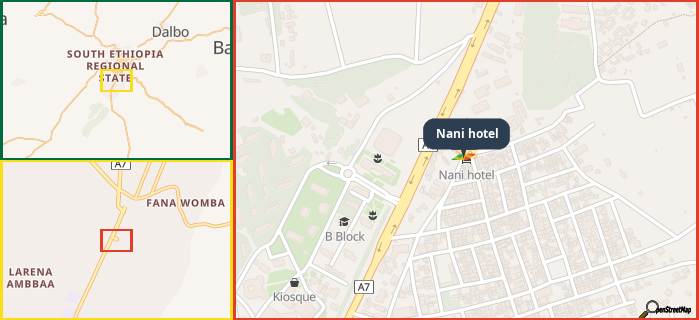 Map showing the address of Nani hotel in three different zoom levels.