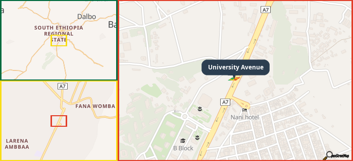 Map showing the address of University Avenue in three different zoom levels.