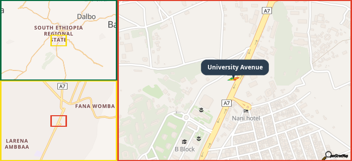 Map showing the address of University Avenue in three different zoom levels.