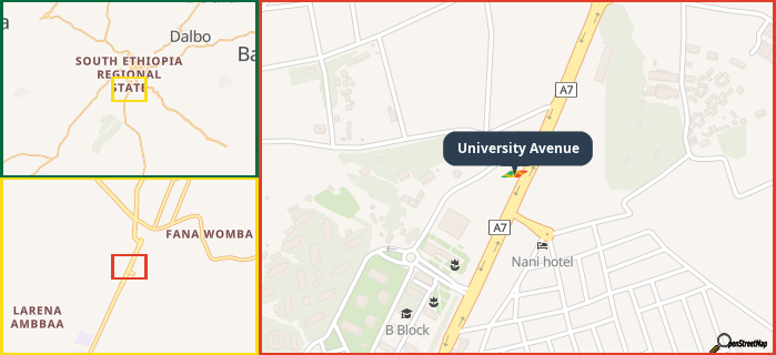 Map showing the address of University Avenue in three different zoom levels.