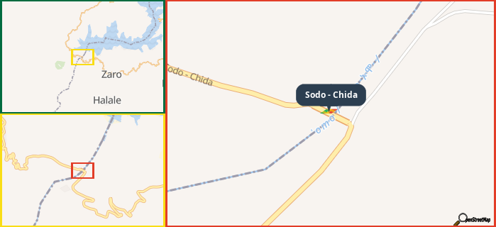 Map showing the address of Sodo - Chida in three different zoom levels.
