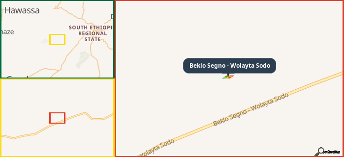 Map showing the address of Beklo Segno - Wolayta Sodo in three different zoom levels.