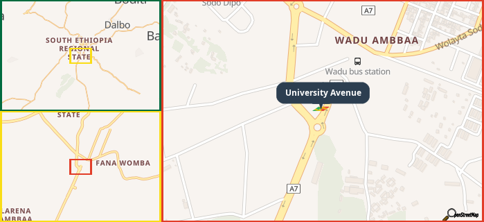 Map showing the address of University Avenue in three different zoom levels.