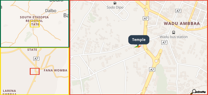 Map showing the address of Temple in three different zoom levels.