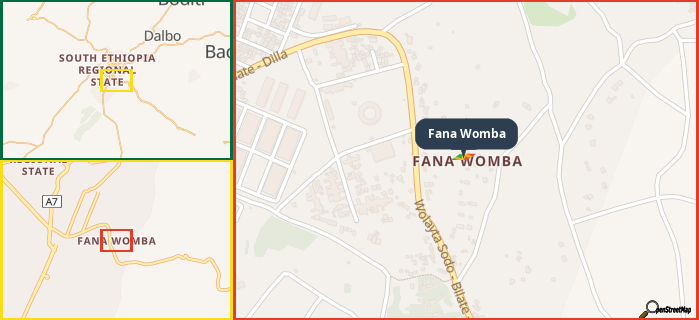 Map showing the address of Fana Womba in three different zoom levels.