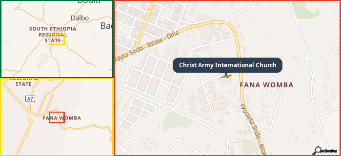 Map showing the address of Christ Army International Church in three different zoom levels.
