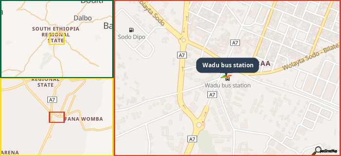 Map showing the address of Wadu bus station in three different zoom levels.