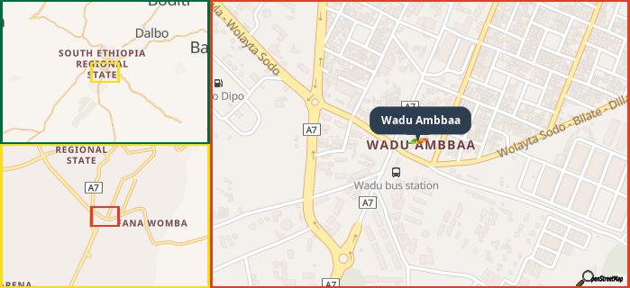 Map showing the address of Wadu Ambbaa in three different zoom levels.