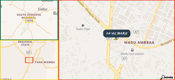 Map showing the address of ሶዶ ነስር መስጂድ in three different zoom levels.