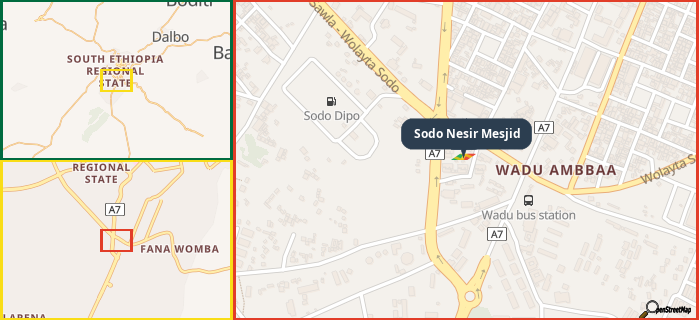 Map showing the address of Sodo Nesir Mesjid in three different zoom levels.