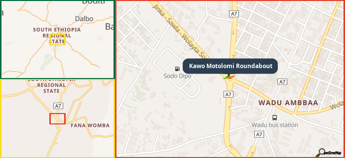 Map showing the address of Kawo Motolomi Roundabout in three different zoom levels.