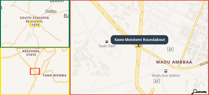 Map showing the address of Kawo Motolomi Roundabout in three different zoom levels.