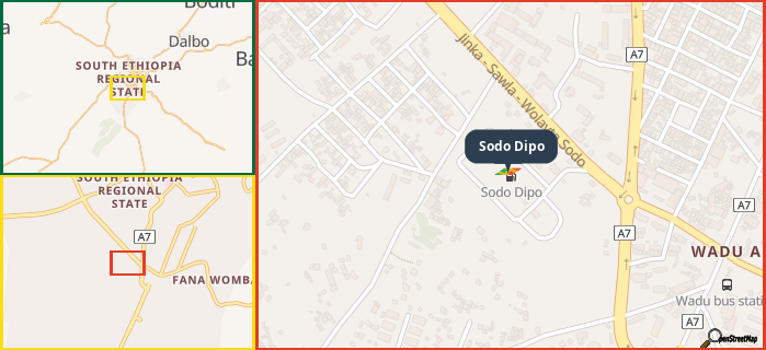 Map showing the address of Sodo Dipo in three different zoom levels.