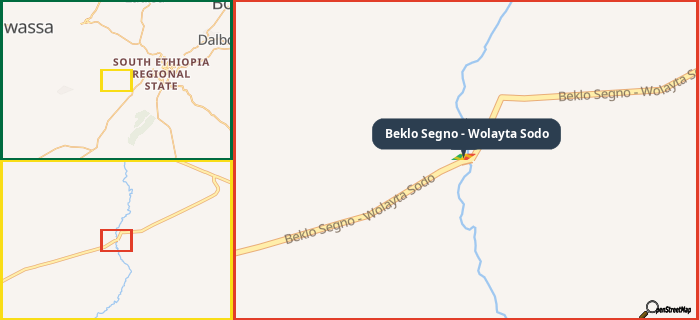 Map showing the address of Beklo Segno - Wolayta Sodo in three different zoom levels.