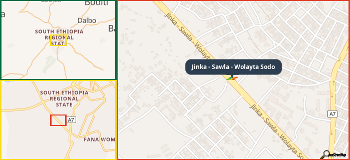 Map showing the address of Jinka - Sawla - Wolayta Sodo in three different zoom levels.