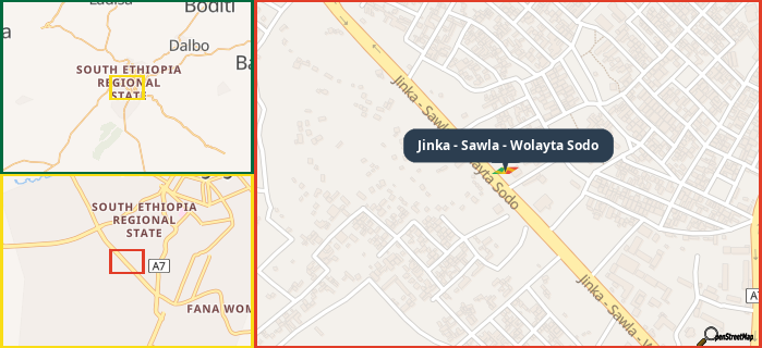 Map showing the address of Jinka - Sawla - Wolayta Sodo in three different zoom levels.