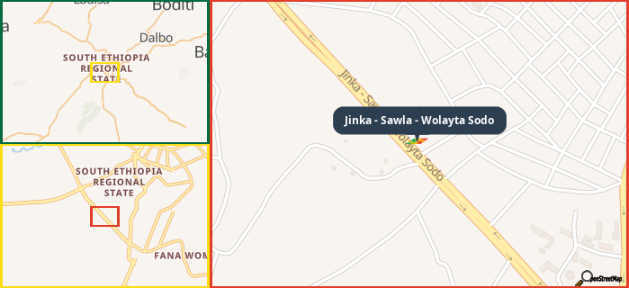 Map showing the address of Jinka - Sawla - Wolayta Sodo in three different zoom levels.