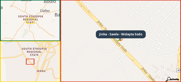 Map showing the address of Jinka - Sawla - Wolayta Sodo in three different zoom levels.