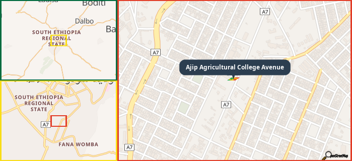 Map showing the address of Ajip Agricultural College Avenue in three different zoom levels.