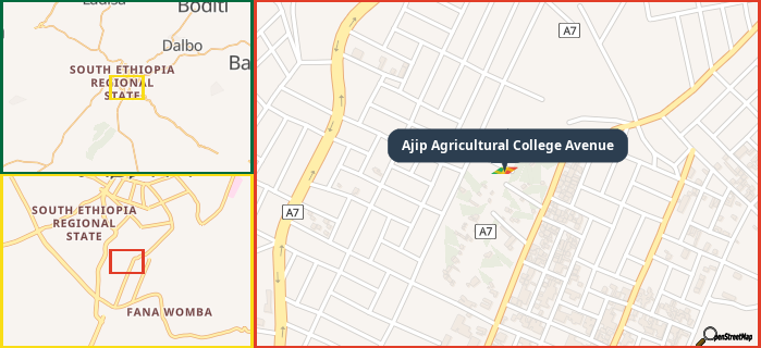 Map showing the address of Ajip Agricultural College Avenue in three different zoom levels.
