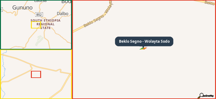 Map showing the address of Beklo Segno - Wolayta Sodo in three different zoom levels.