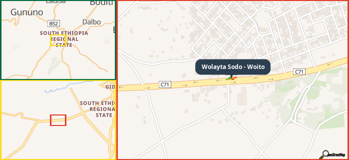 Map showing the address of Wolayta Sodo - Woito in three different zoom levels.