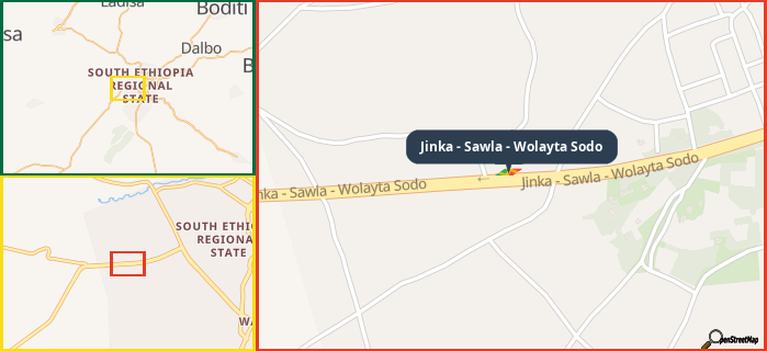 Map showing the address of Jinka - Sawla - Wolayta Sodo in three different zoom levels.