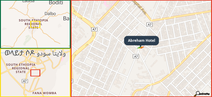 Map showing the address of Abreham Hotel in three different zoom levels.