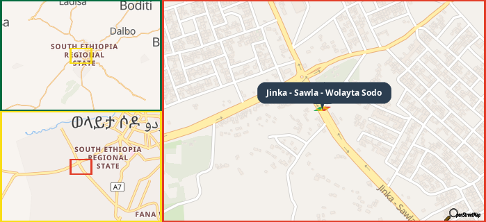 Map showing the address of Jinka - Sawla - Wolayta Sodo in three different zoom levels.