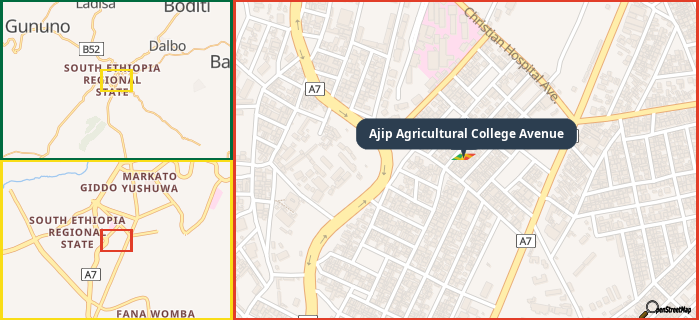 Map showing the address of Ajip Agricultural College Avenue in three different zoom levels.