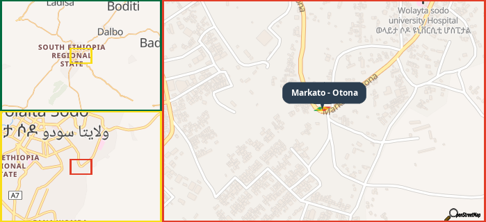 Map showing the address of Markato - Otona in three different zoom levels.