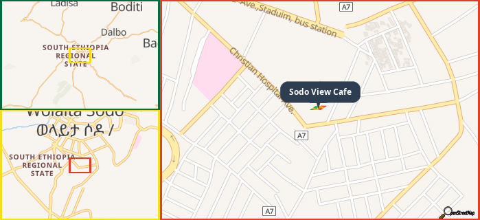 Map showing the address of Sodo View Cafe in three different zoom levels.