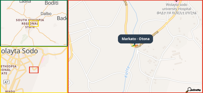 Map showing the address of Markato - Otona in three different zoom levels.