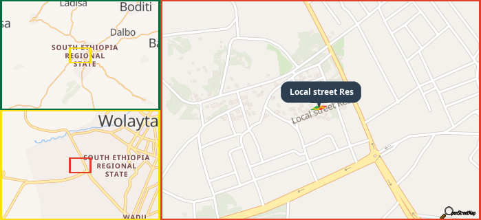 Map showing the address of Local street Res in three different zoom levels.