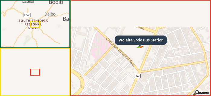 Map showing the address of Wolaita Sodo Bus Station in three different zoom levels.