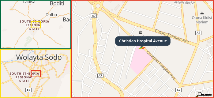 Map showing the address of Christian Hospital Avenue in three different zoom levels.