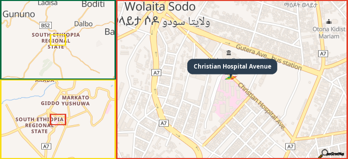 Map showing the address of Christian Hospital Avenue in three different zoom levels.