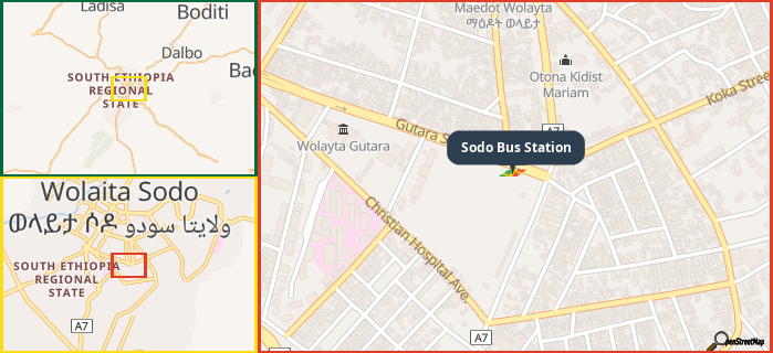 Map showing the address of Sodo Bus Station in three different zoom levels.