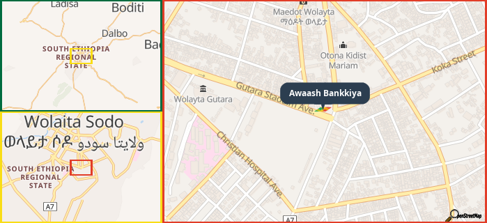 Map showing the address of Awaash Bankkiya in three different zoom levels.