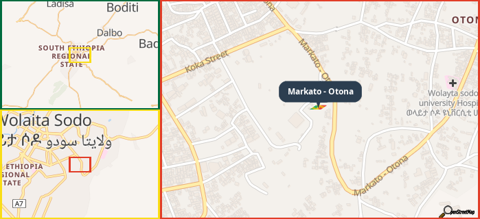 Map showing the address of Markato - Otona in three different zoom levels.