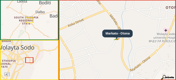 Map showing the address of Markato - Otona in three different zoom levels.