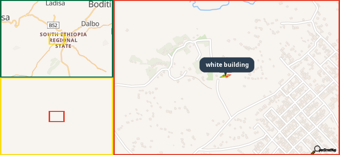 Map showing the address of white building in three different zoom levels.