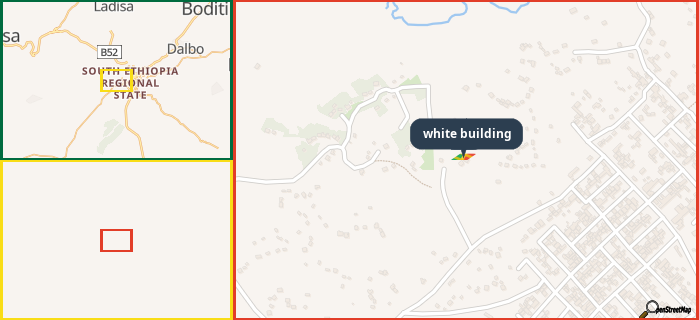 Map showing the address of white building in three different zoom levels.