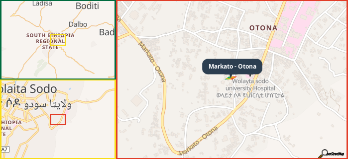 Map showing the address of Markato - Otona in three different zoom levels.