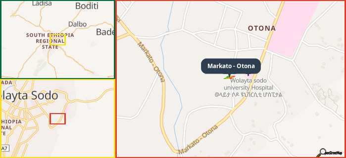 Map showing the address of Markato - Otona in three different zoom levels.