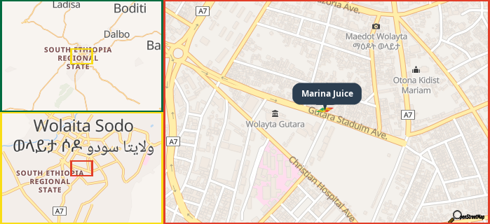Map showing the address of Marina Juice in three different zoom levels.